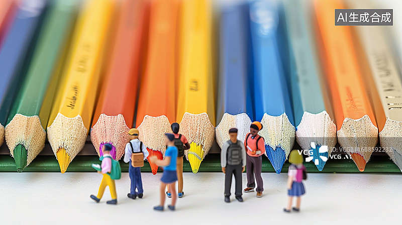 【AI数字艺术】彩色铅笔与微缩人偶学生图片素材