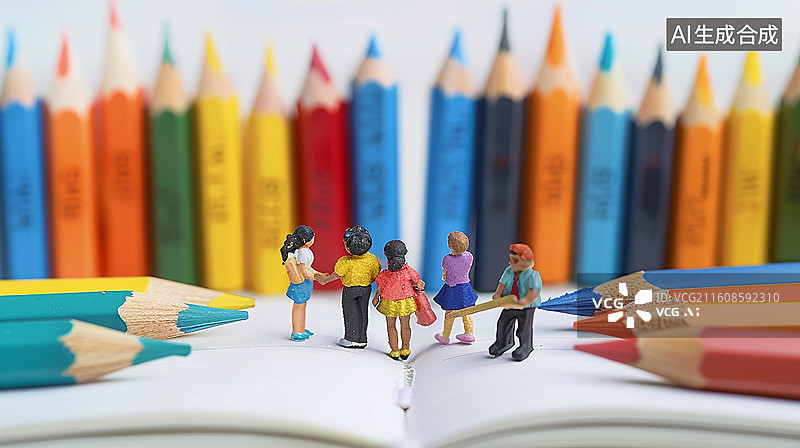 【AI数字艺术】彩色铅笔与微缩人偶学生图片素材