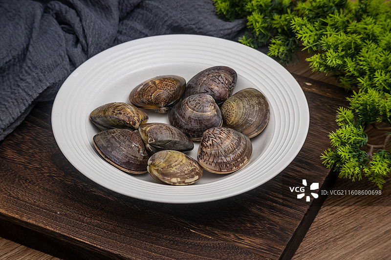 桌面餐具放着新鲜文蛤蛤蜊生鲜食材水产品图片素材