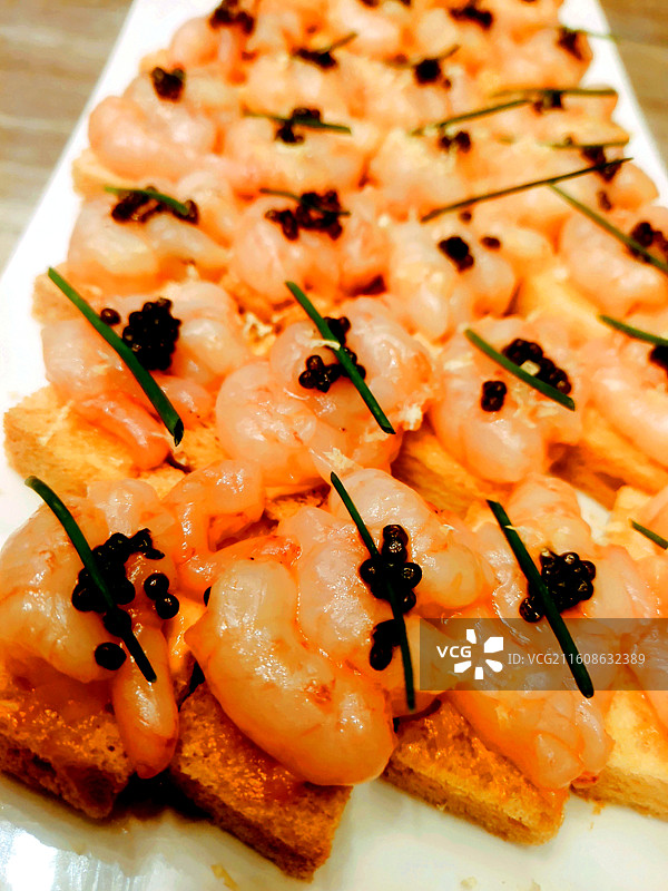 茶歇、北极甜虾-鱼子酱-脆包片、美食、吃喝玩乐、饮食文化图片素材