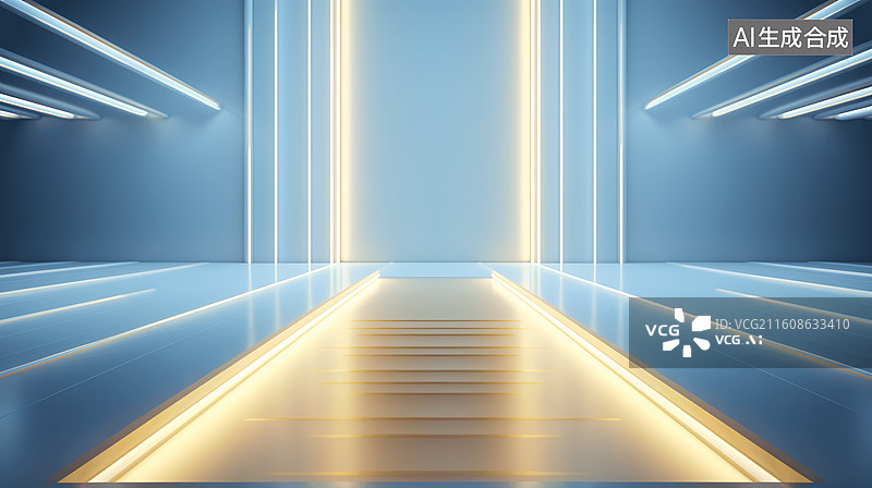 【AI数字艺术】蓝色室内玻璃幕墙发光建筑空间内部抽象商务科技背景图片素材