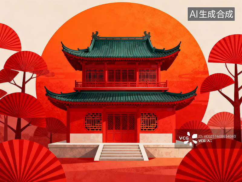【AI数字艺术】传统中式建筑与红日背景图片素材