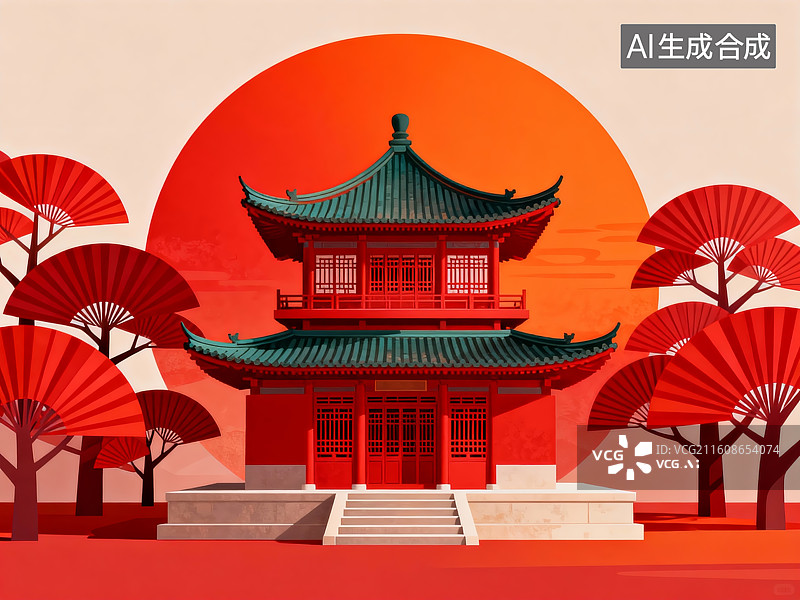 【AI数字艺术】红色日落下的传统建筑图片素材