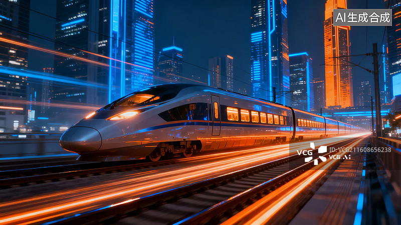 【AI数字艺术】夜间城市高速列车行驶图片素材