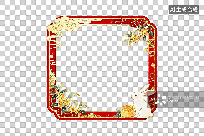 【AI数字艺术】红色边框装饰图案含玉兔桂花月饼图片素材