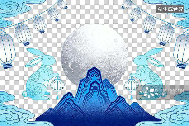 【AI数字艺术】月夜玉兔提灯赏月图景图片素材