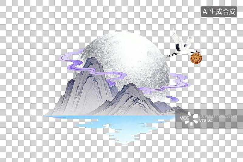 【AI数字艺术】明月山峦飞鸟衔饼夜景图图片素材