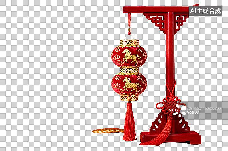 【AI数字艺术】红色马形灯笼配中国结装饰图片素材