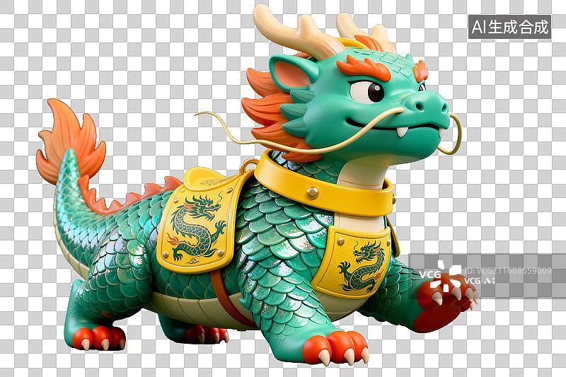 【AI数字艺术】青绿色龙形玩偶配金色铠甲装饰图片素材
