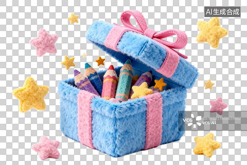 【AI数字艺术】毛绒礼盒装满彩色蜡笔星星环绕图片素材