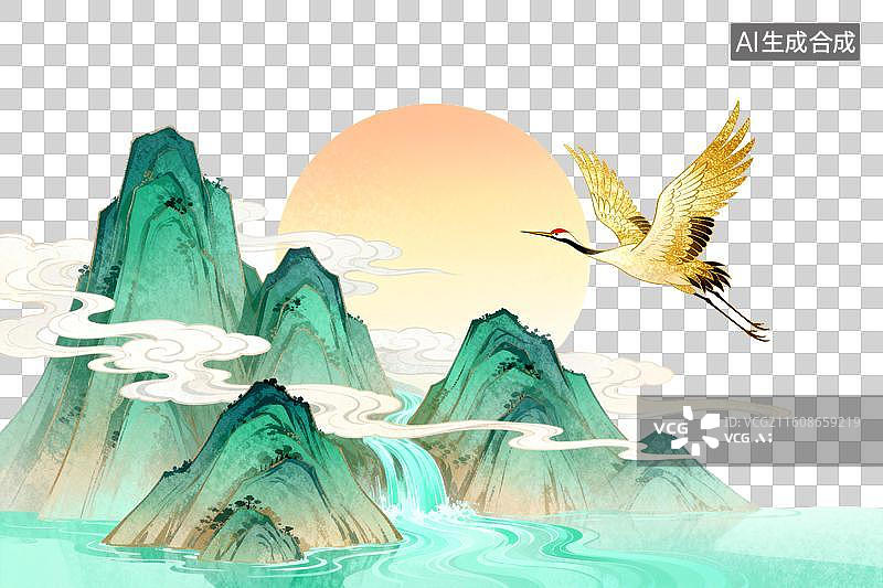 【AI数字艺术】仙鹤飞越青山绿水日落时分图片素材