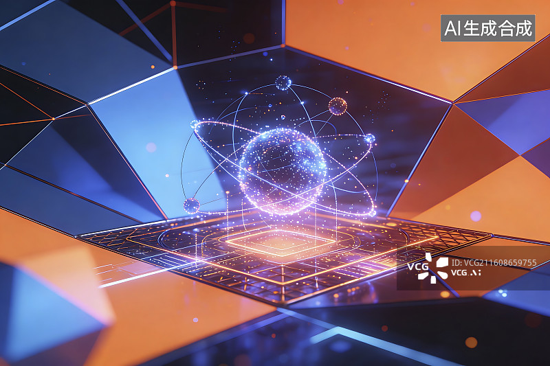 【AI数字艺术】未来感数字科技与原子结构图片素材