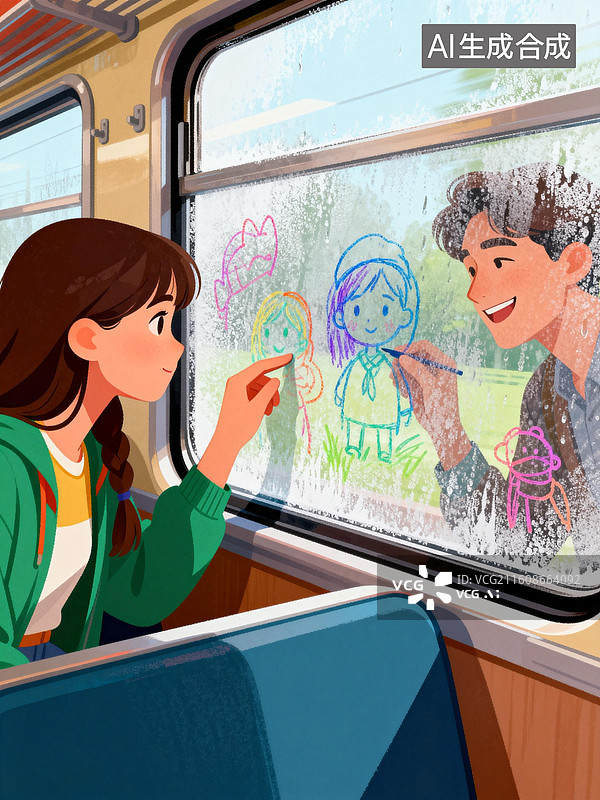 【AI数字艺术】少女用指尖在车窗随意涂画 情人节七夕节婚恋主题插画图片素材