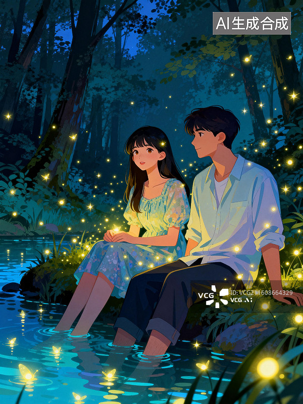 【AI数字艺术】在溪边约会的人 情人节七夕节婚恋主题插画图片素材