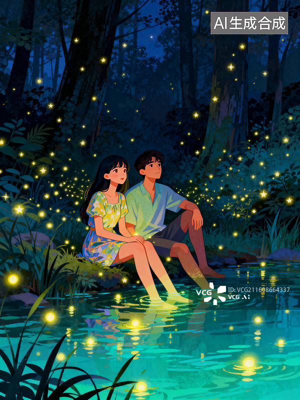 【AI数字艺术】在溪边约会的人 情人节七夕节婚恋主题插画图片素材