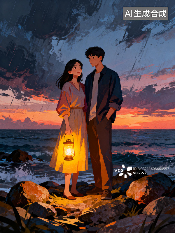 【AI数字艺术】提着马灯的女人和她的朋友在海边 情人节七夕节婚恋主题插画图片素材