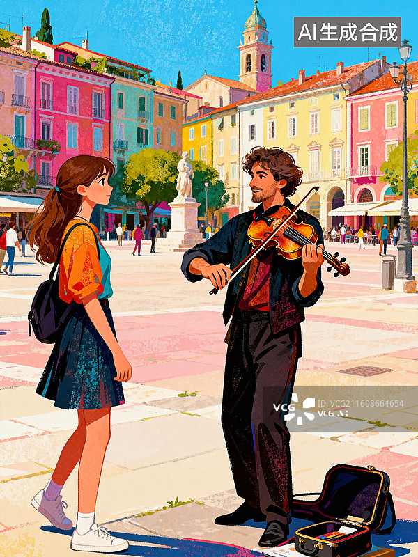 【AI数字艺术】街头乐师和路过的女人 情人节七夕节婚恋主题插画图片素材