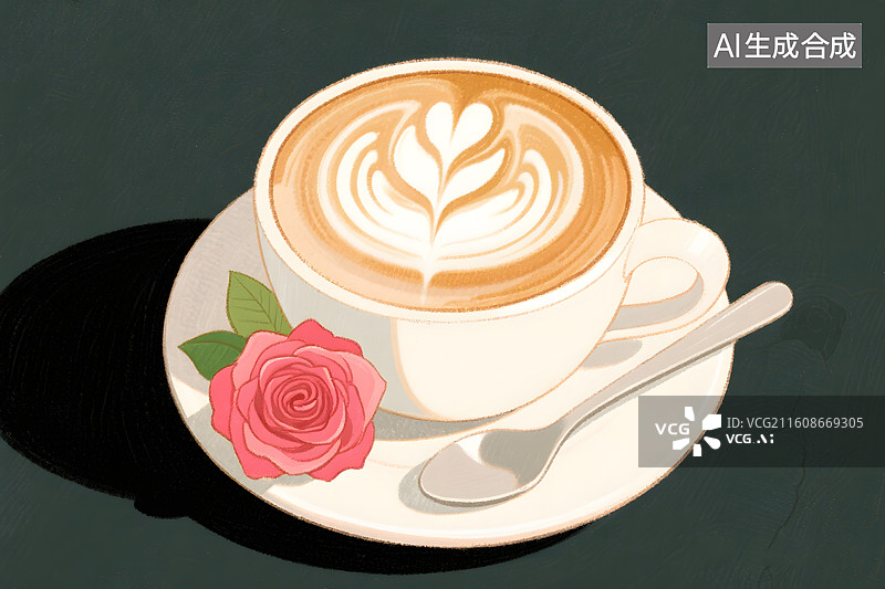 【AI数字艺术】玫瑰与拿铁咖啡插画图片素材