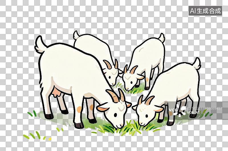 【AI数字艺术】卡通风格，正在吃草的几只山羊PNG格式的免扣元素图片素材