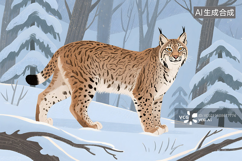 【AI数字艺术】冬日森林中的山猫图片素材