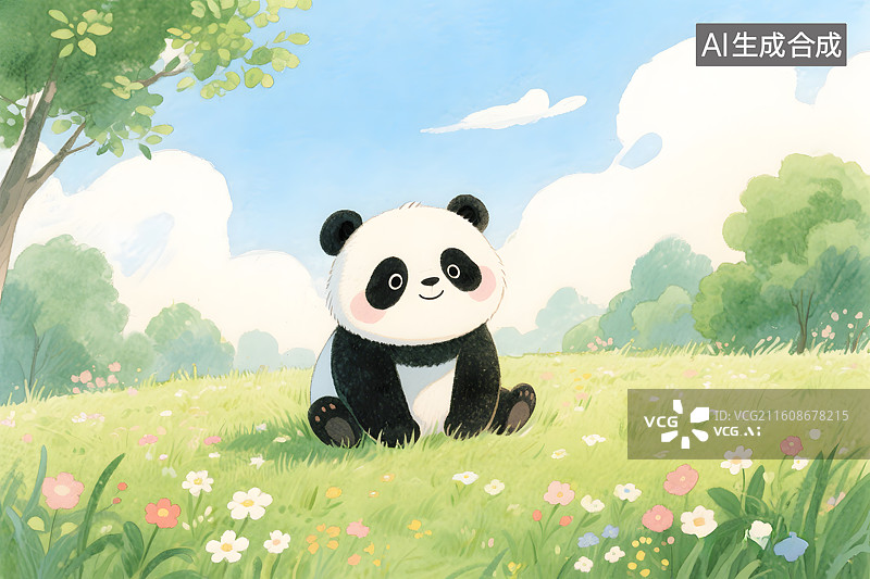【AI数字艺术】卡通熊猫与绿植背景图片素材