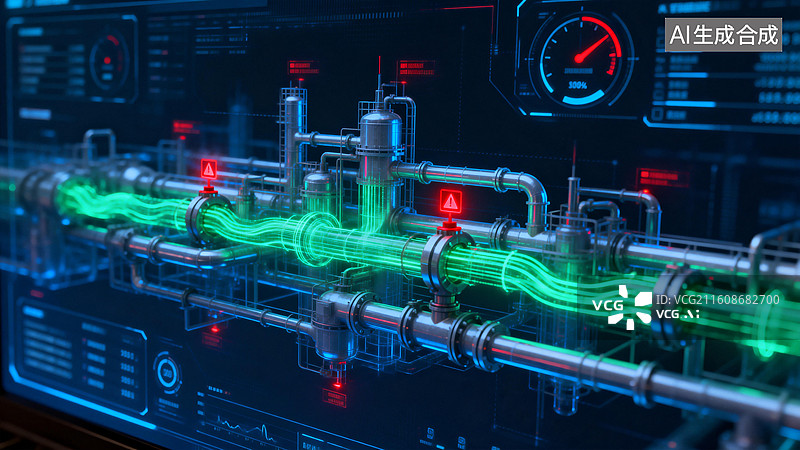 【AI数字艺术】先进工业管道系统数字监控图片素材
