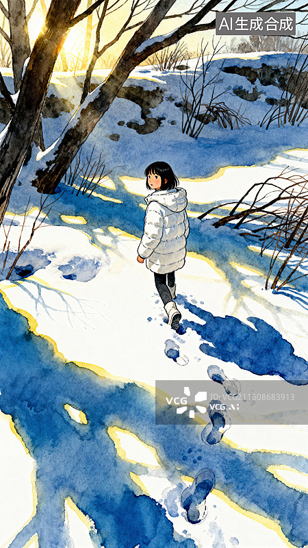 【AI数字艺术】少女踩着厚厚的积雪前行 唯美人物水彩插画图片素材