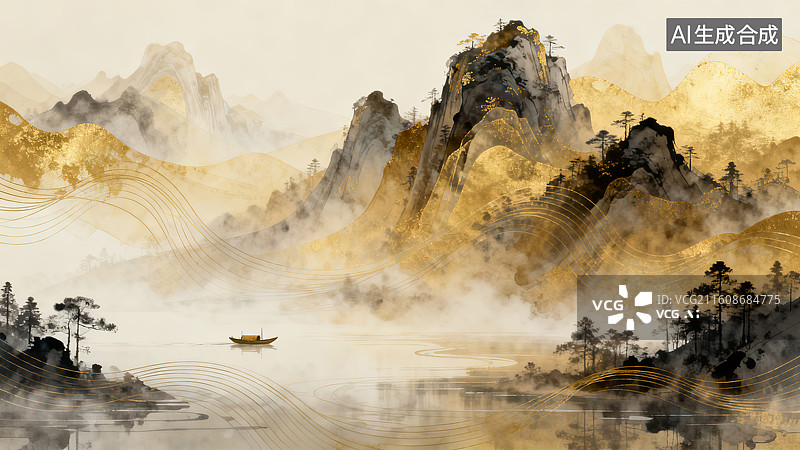 【AI数字艺术】国风新中式抽象叠彩山水画图片素材