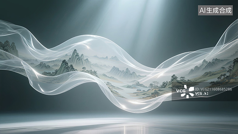 【AI数字艺术】漂浮丝绸中的国风水墨千里江山图图片素材