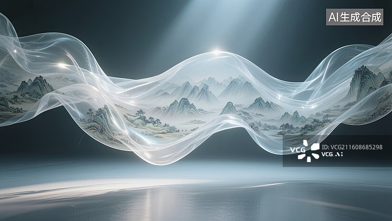 【AI数字艺术】漂浮丝绸中的国风水墨千里江山图图片素材
