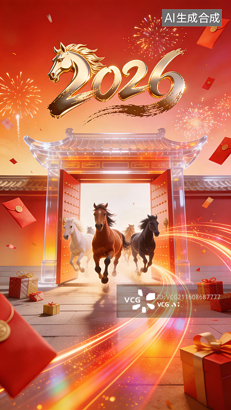 【AI数字艺术】国风骏马贺岁万马奔腾海报图片素材