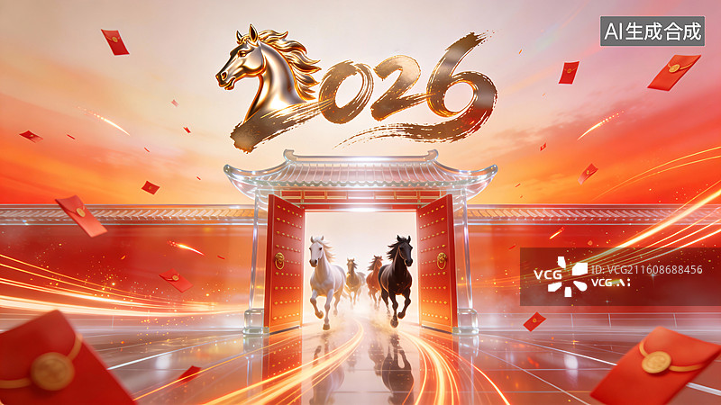 【AI数字艺术】国风骏马贺岁万马奔腾海报图片素材