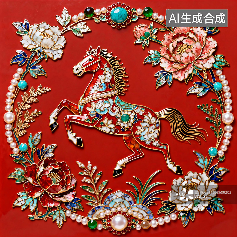 【AI数字艺术】国潮风珠宝骏马艺术插画图片素材