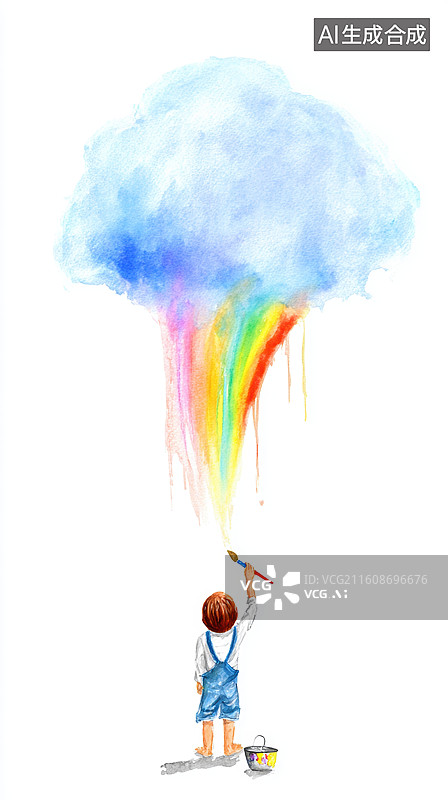 【AI数字艺术】小孩用画笔描绘彩虹云朵图片素材