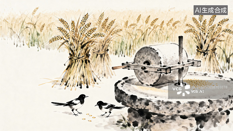 【AI数字艺术】石磨下两只喜鹊在吃麦粒麦穗麦田芒种节气淡彩水墨插画图片素材