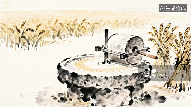 【AI数字艺术】石磨在碾压小麦麦穗麦田芒种节气淡彩水墨插画图片素材