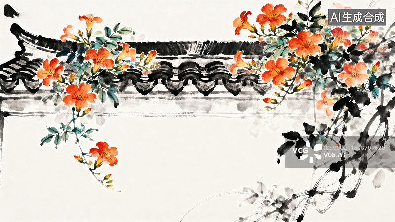 【AI数字艺术】瓦房上盛开的凌霄花夏至节气淡彩水墨插画图片素材