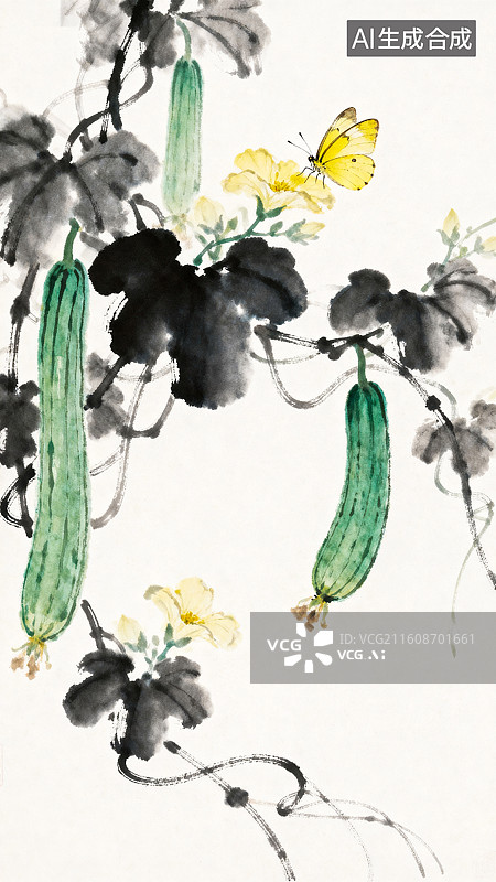 【AI数字艺术】丝瓜藤蔓上结着大丝瓜蝴蝶停留花朵上夏至节气淡彩水墨插画图片素材