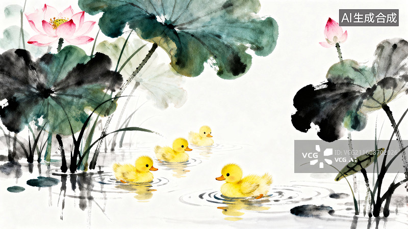 【AI数字艺术】水面上一群小鸭子荷叶荷花水草大暑节气淡彩水墨插画图片素材