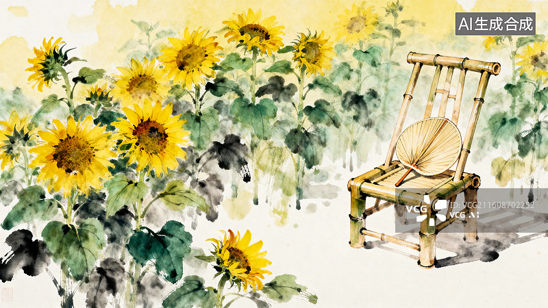 【AI数字艺术】竹椅上放着蒲扇盛开的向日葵处暑节气淡彩水墨插画图片素材