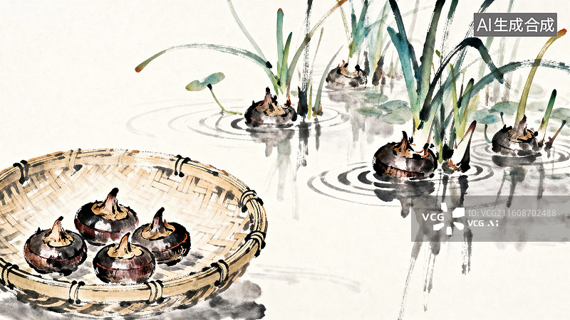 【AI数字艺术】簸萁放着荸荠池塘水面长着荸荠立秋节气淡彩水墨插画图片素材