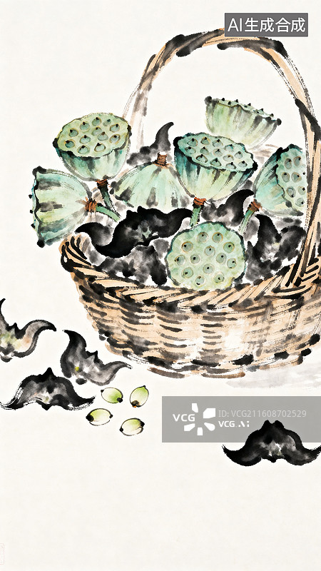 【AI数字艺术】竹筐里放着莲蓬菱角莲子立秋节气淡彩水墨插画图片素材