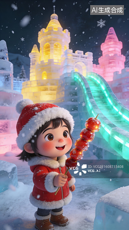 【AI数字艺术】冰雪城堡女孩糖葫芦冬季节庆展示背景素材图片素材