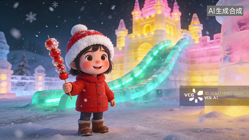 【AI数字艺术】冰雪城堡女孩糖葫芦冬季节庆展示背景素材图片素材