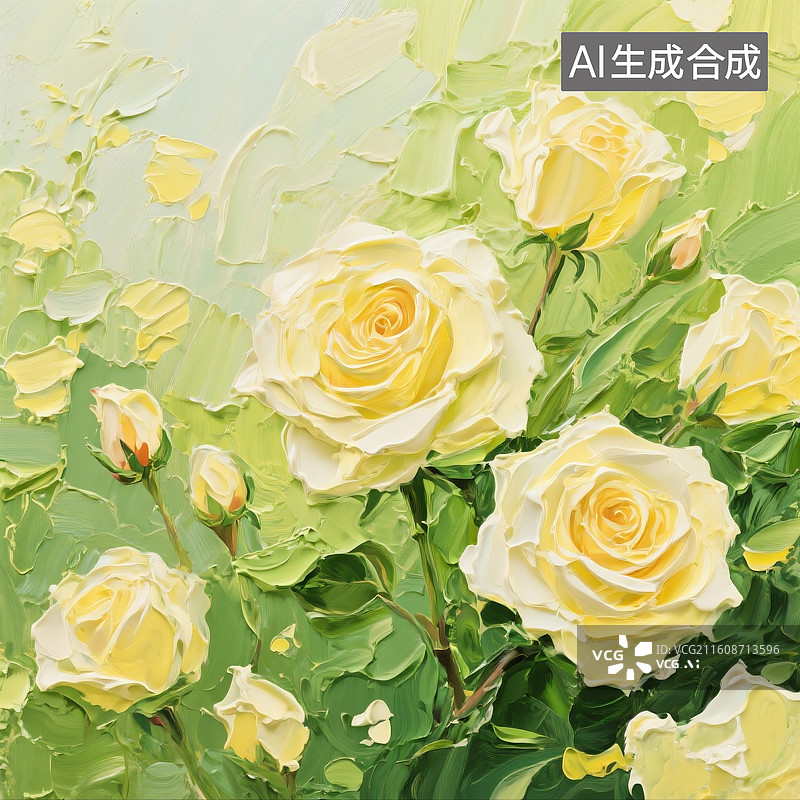 【AI数字艺术】奶油油画厚涂一幅春日黄玫瑰花图，堆得很厚，黄绿色，立体感，质感，肌理感，颜料堆叠的很厚有点像奶油图片素材