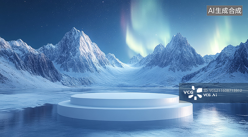 【AI数字艺术】白色展台极简风极光冰川场景图片素材