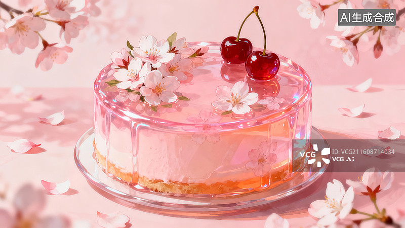 【AI数字艺术】樱花蛋糕清新甜品展示场景图片素材