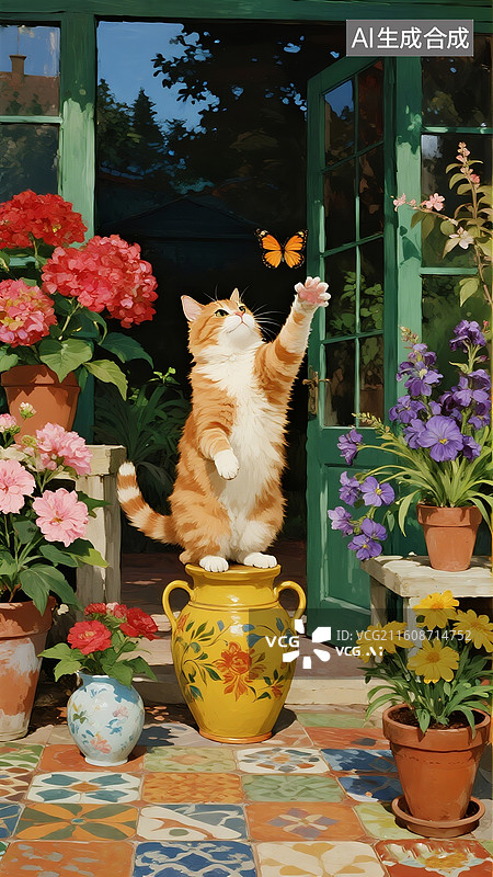 【AI数字艺术】庭院场景，橘猫站在绘有花纹的黄色陶罐上伸出一只爪捉蝴蝶，有红色绣球花，粉色康乃馨、紫色风信子。图片素材