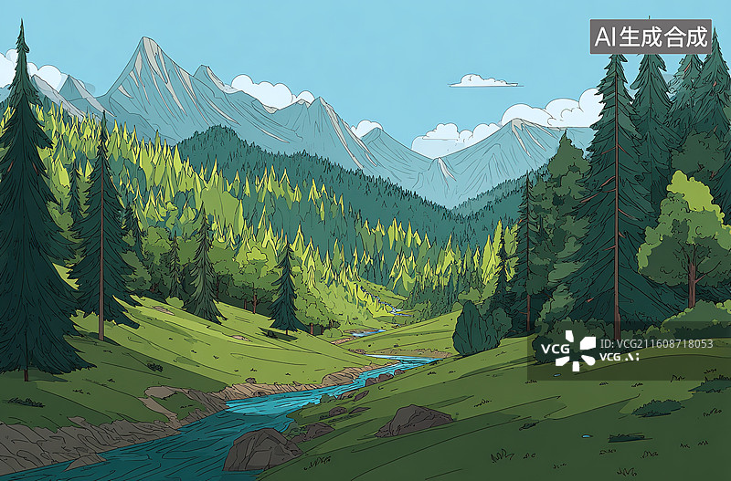 【AI数字艺术】山间溪流与森林景观图片素材