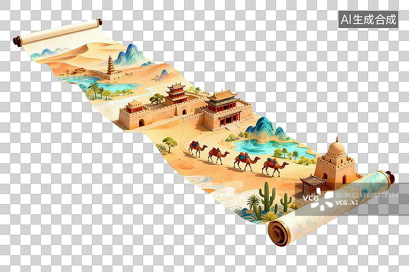 【AI数字艺术】卡通风格，一幅展开的卷轴，古丝绸之路PNG格式的免扣元素图片素材